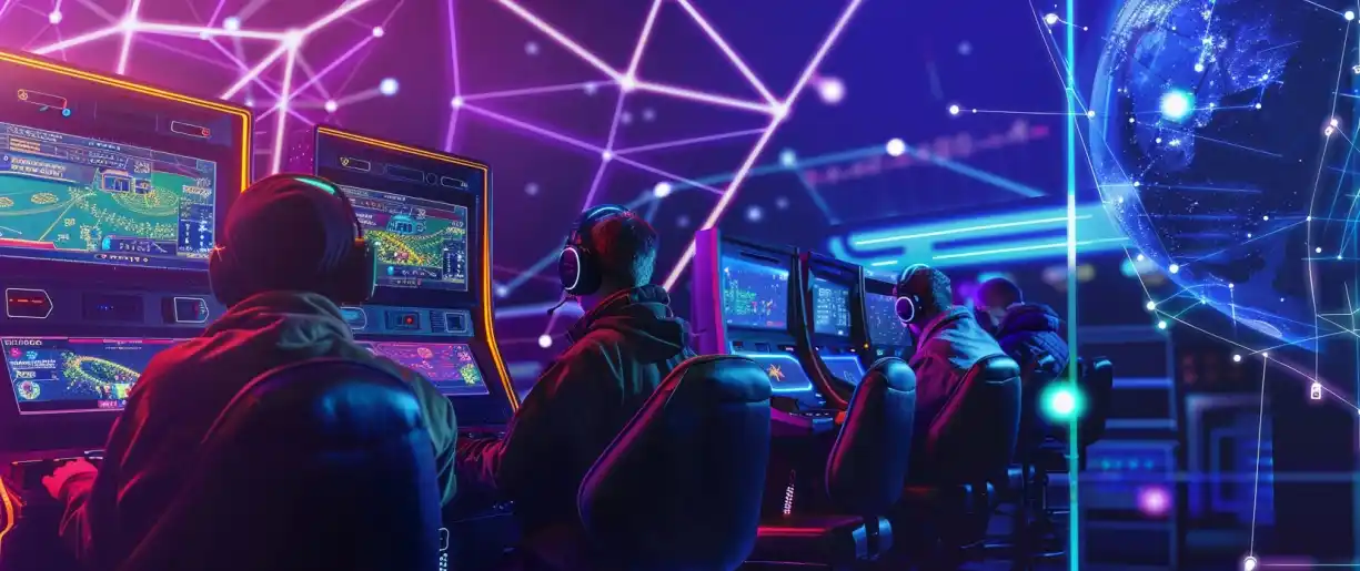 Gamers playing GGA arcade games with blockchain integration