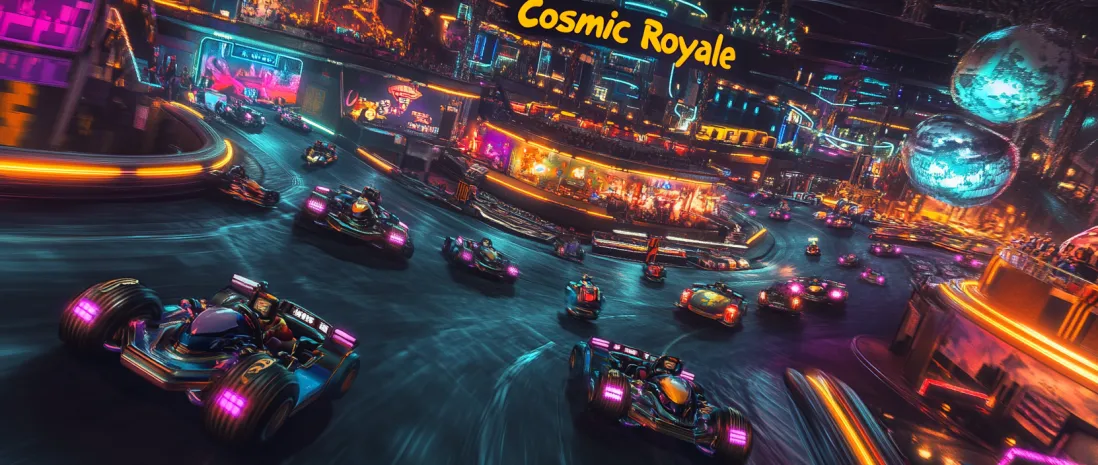 Cosmic Royale gameplay scene with space kart battle