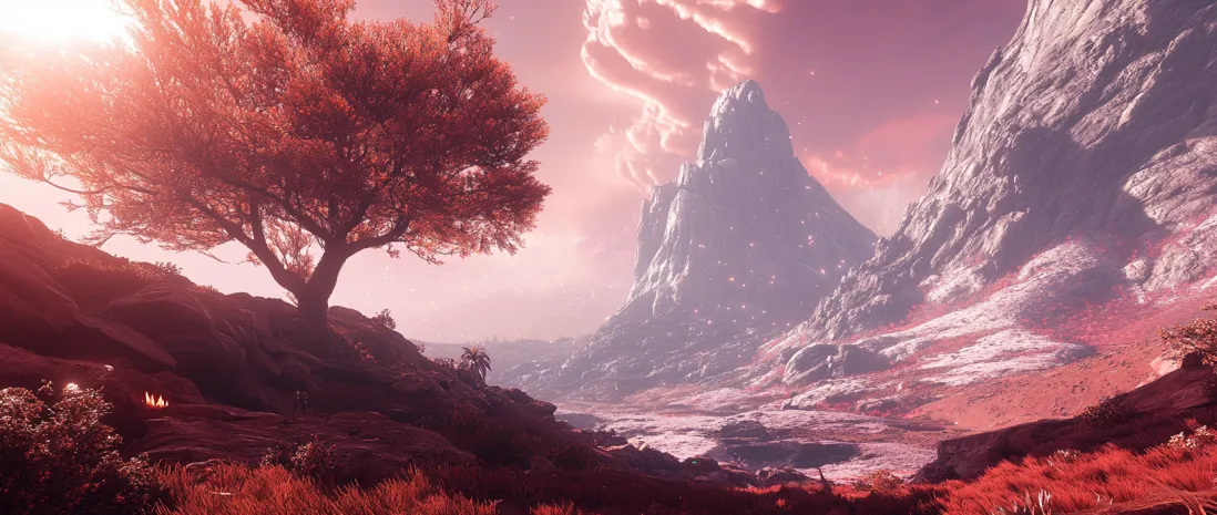 Stunning landscape of the Lumiterra world with a mysterious mountain and ancient tree