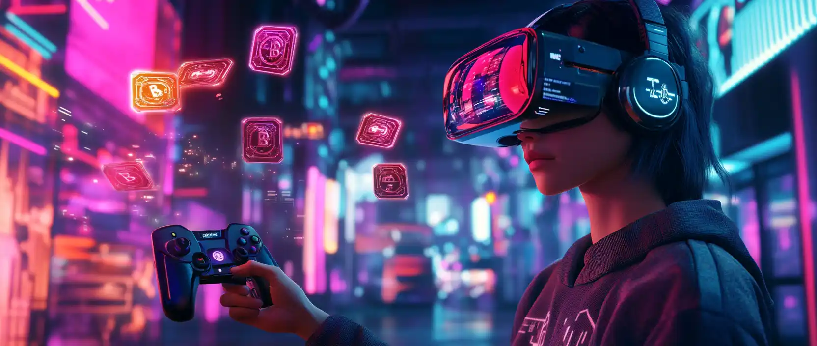 A cyberpunk gamer receiving an airdrop of tokens and NFTs