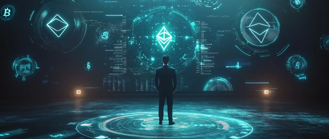 A futuristic Deblock user managing cryptocurrencies through a hologram