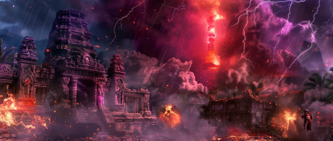 Demon and warrior battle in a ruined temple, magical lightning and fireballs
