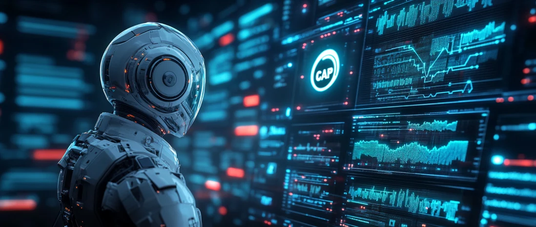 AI в лаборатории управления цифровыми активами и процессом создания стейблкоинов с логотипом 'CAP'