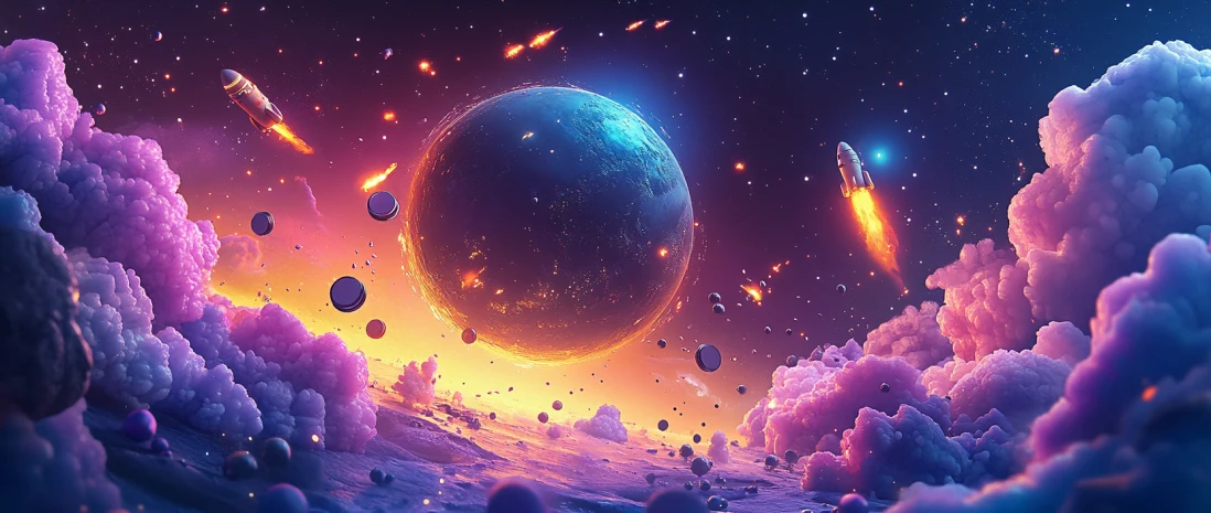 Космическая сцена с планетой и токенами, иллюстрирующая механику игры TAP PLANET
