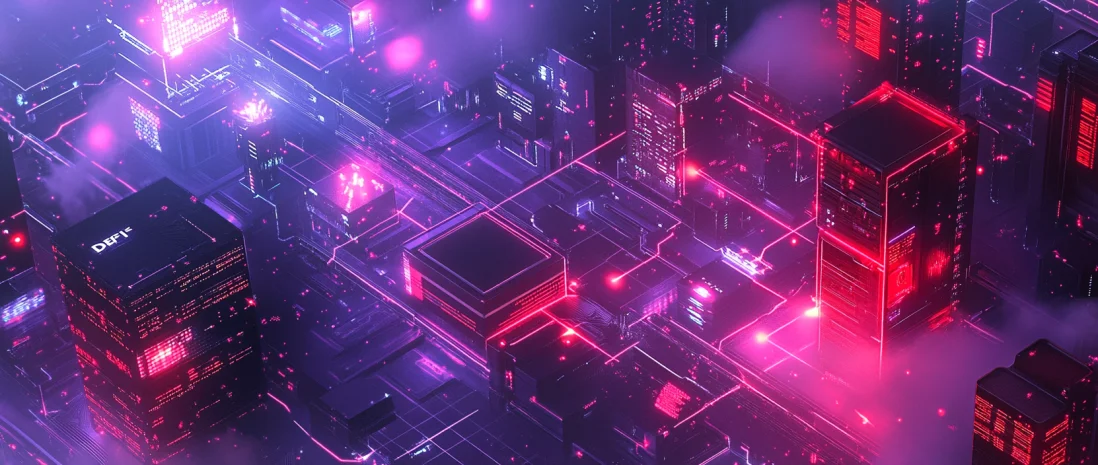 Scene showing the interaction of DeFi trading platforms through data and liquidity flows