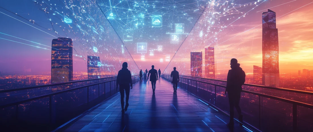 A bridge made of blockchain links and casino chips connects a traditional casino to Yeet’s digital world