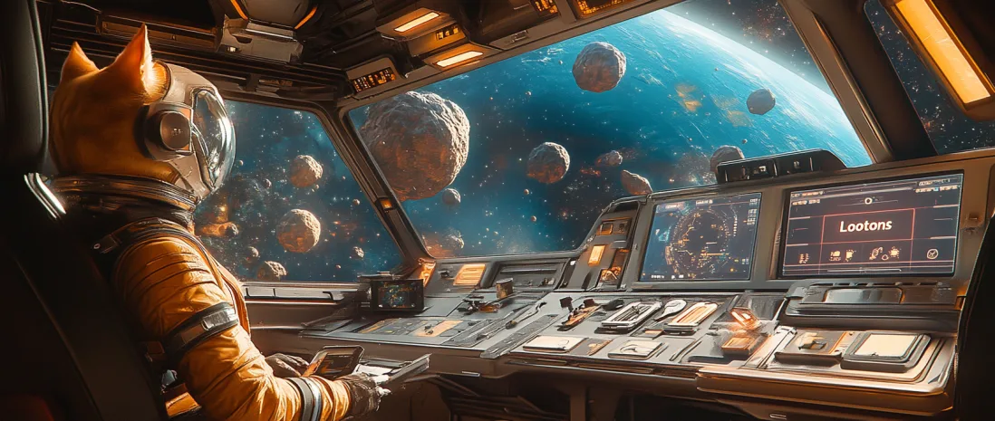 A cat in a spacesuit pilots a spaceship in the crypto game Catmoonity