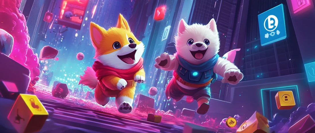 MemeFi dogs in a colorful game world with tokens and NFTs