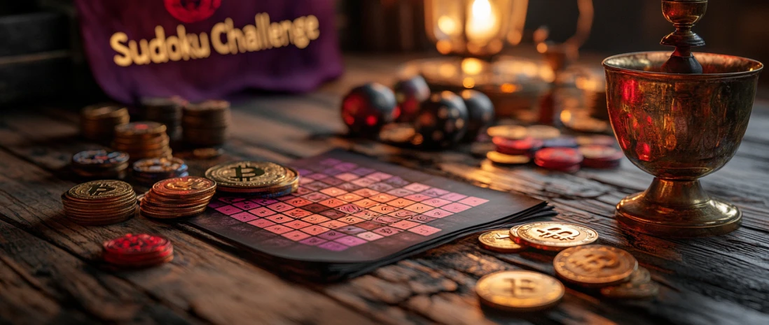 Заполненная судоку, криптовалютные токены и трофей, флаг Sudoku Challenge на фоне