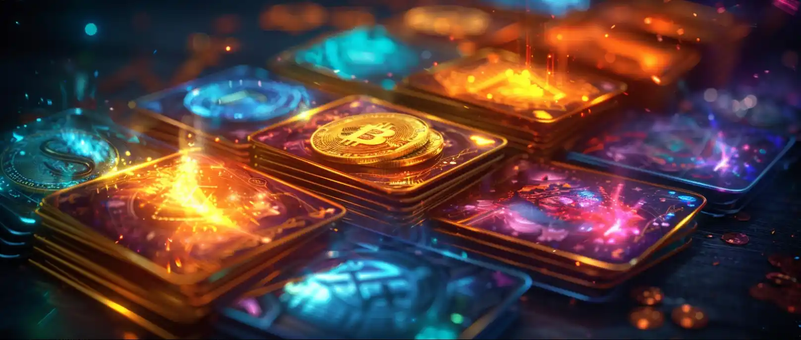 Web3-style game cards with digital coin elements