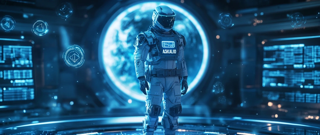 ASKALIO NFT hero in futuristic armor with blockchain interface