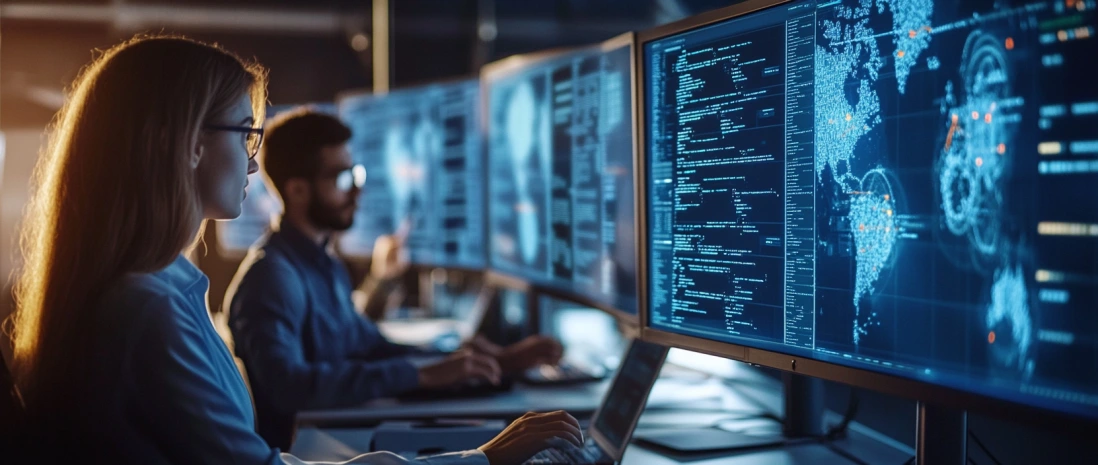 Blockchain engineering team working in a modern Web3 tech office