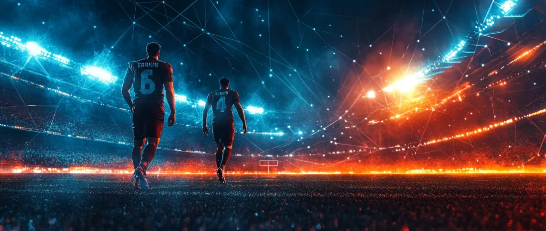 Footium's main players from two teams meeting in a tense atmosphere on the stadium