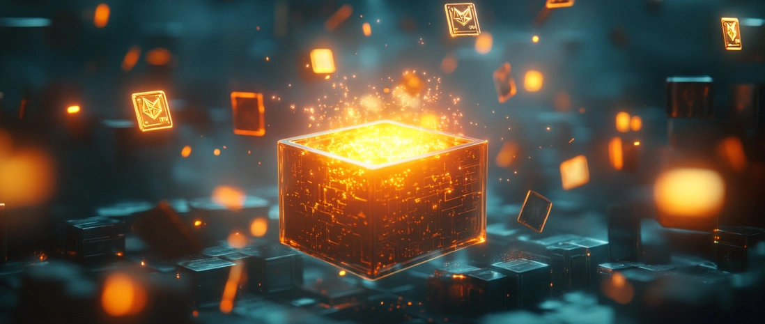 Открытая коробка MOOAR Box с ярким светом, из которой вылетают криптовалюты и NFT