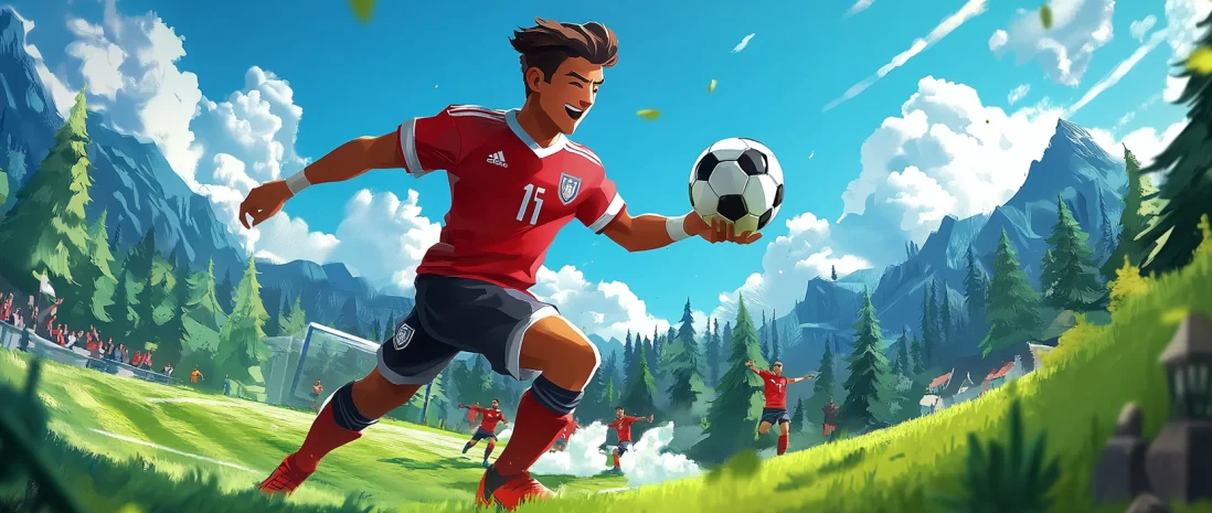 Игрок в Ton Football Manager бегает с мячом на футбольном поле