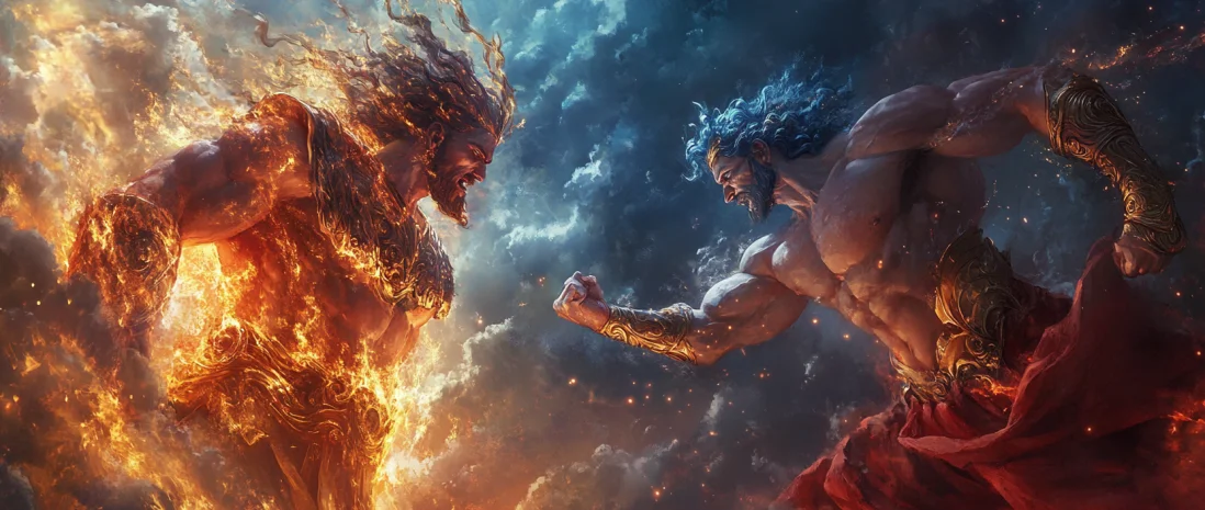 Battle of two gods on the arena in Olympus Raid using attack and defense cards