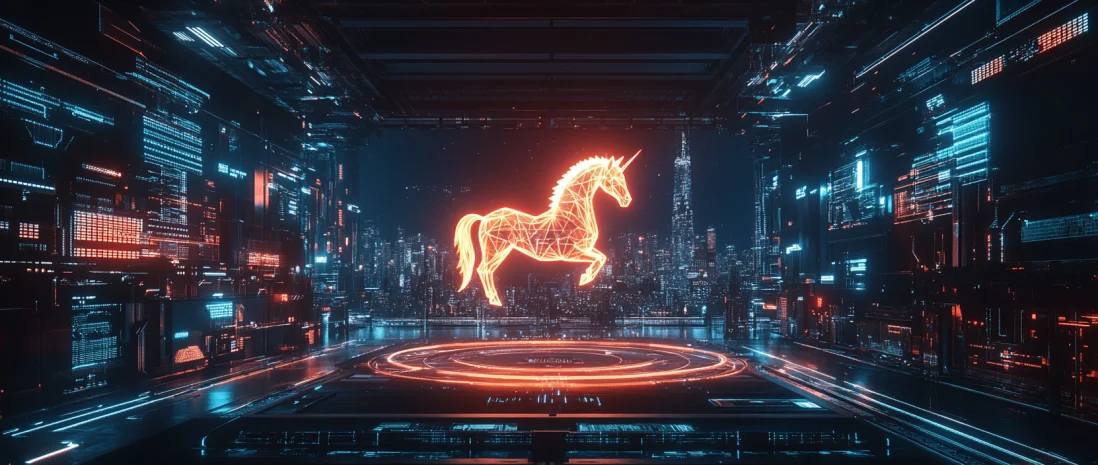 Holographic unicorn in a techno city, symbol of the Unicorn Verse project