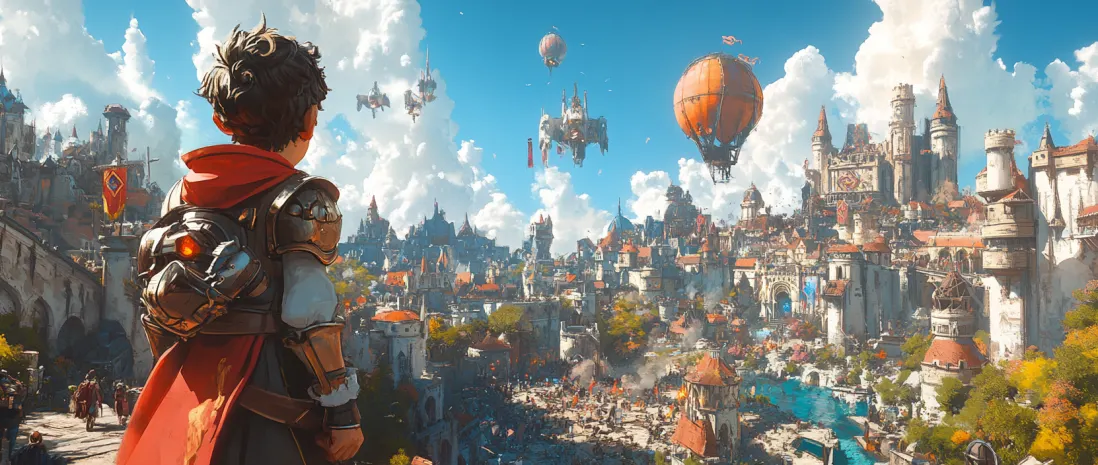 Tomoland — a city view with hot air balloons and an armored hero