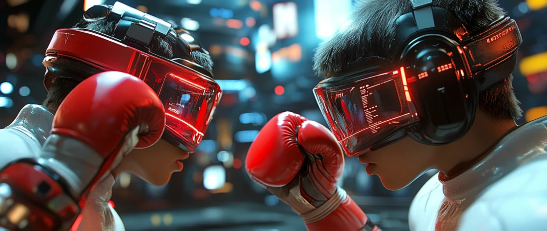 Fighters in Boxing Star X cyber arena with VR helmets and red gloves