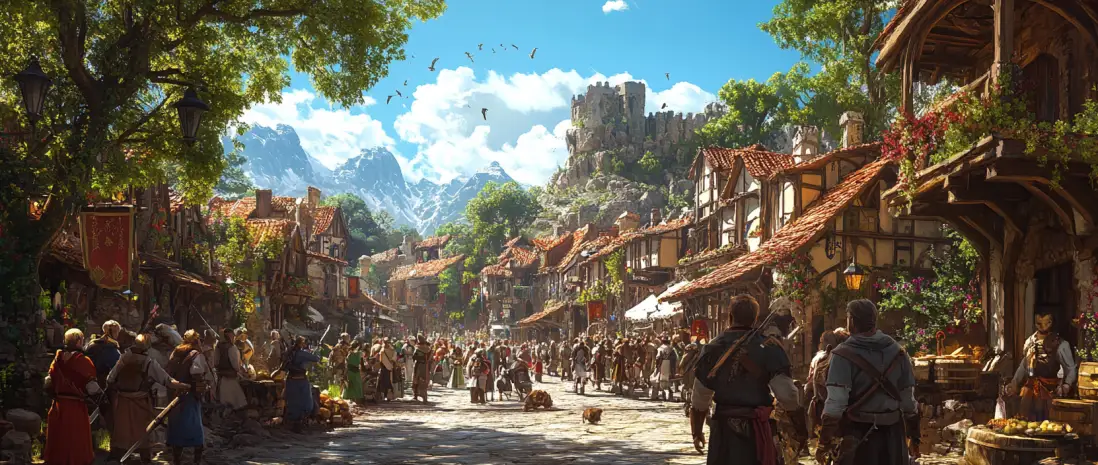 Medieval city of The Lupa World with residents and bustling trade