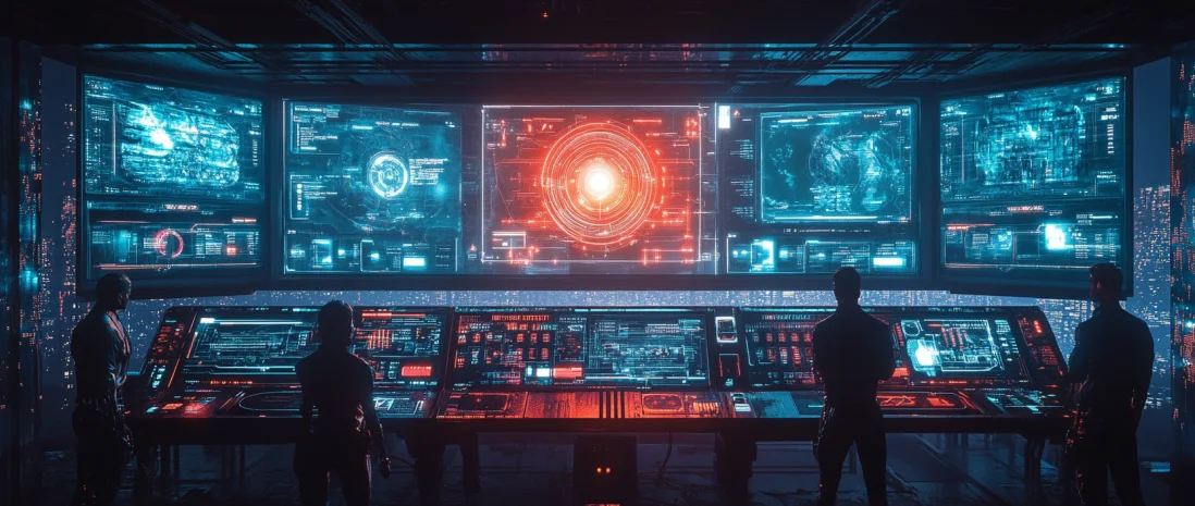 Hyperbeat — a cyberpunk team at a panel with DeFi interfaces and blockchain
