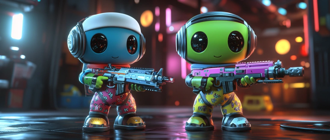 SuperTrip⁶⁴ characters in an arcade scene with weapons